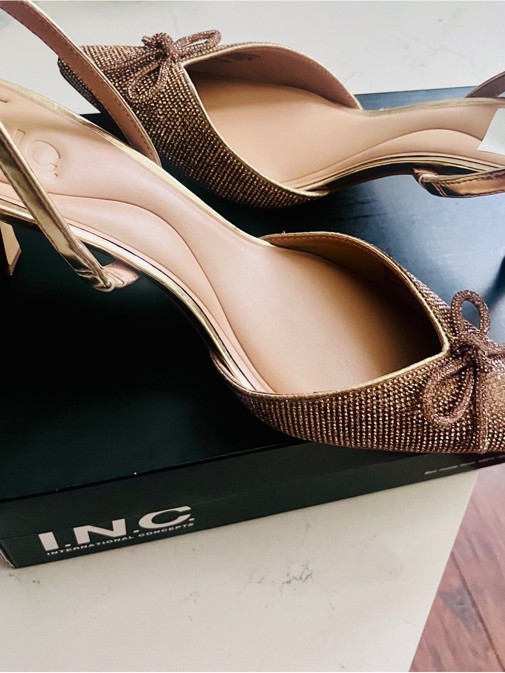 INC International Concepts Metallic Bronze Peep-Toe Slingback Heels with Bow